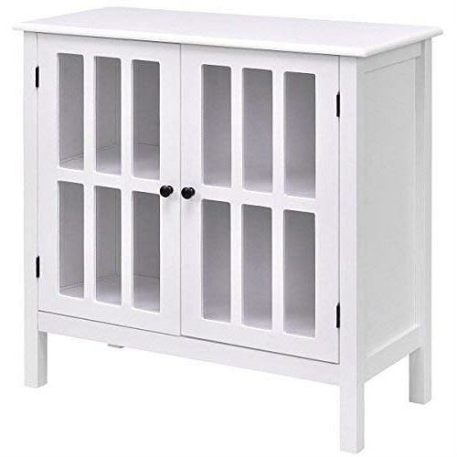 White wood bathroom storage floor cabinet with glass doors