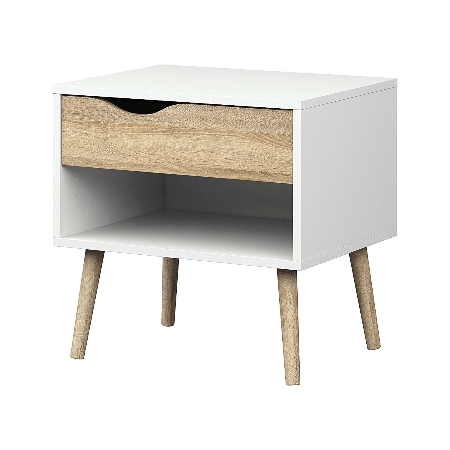 Modern mid century style end table nightstand in white & oak finish