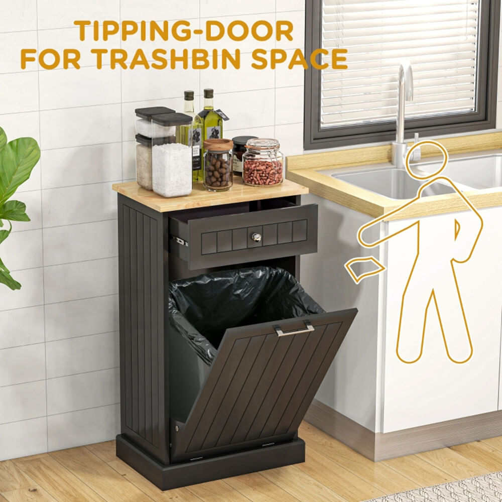 Kitchen tilt out trash bin cabinet free standing recycling cabinet trash can holder with drawer, black-as