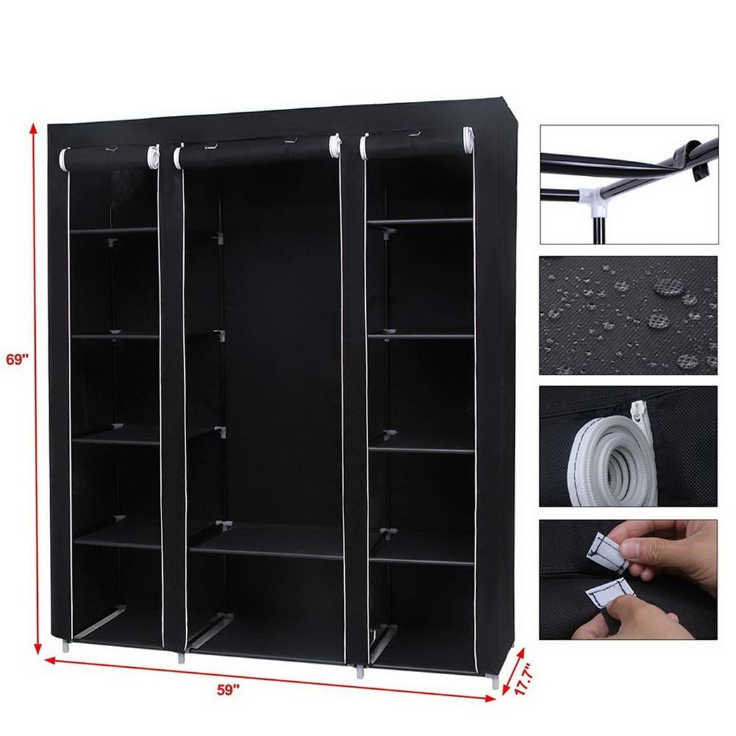 69" portable clothes closet wardrobe storage organizer with non-woven fabric quick and easy to assemble extra strong and durable black