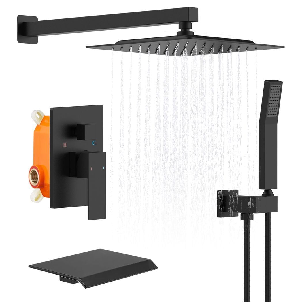 Rain mixer shower faucet set with waterfall tub spout 10 inch square rainfall shower head with handheld spray matte black wall mounted pressure balance rough-in valve and trim included