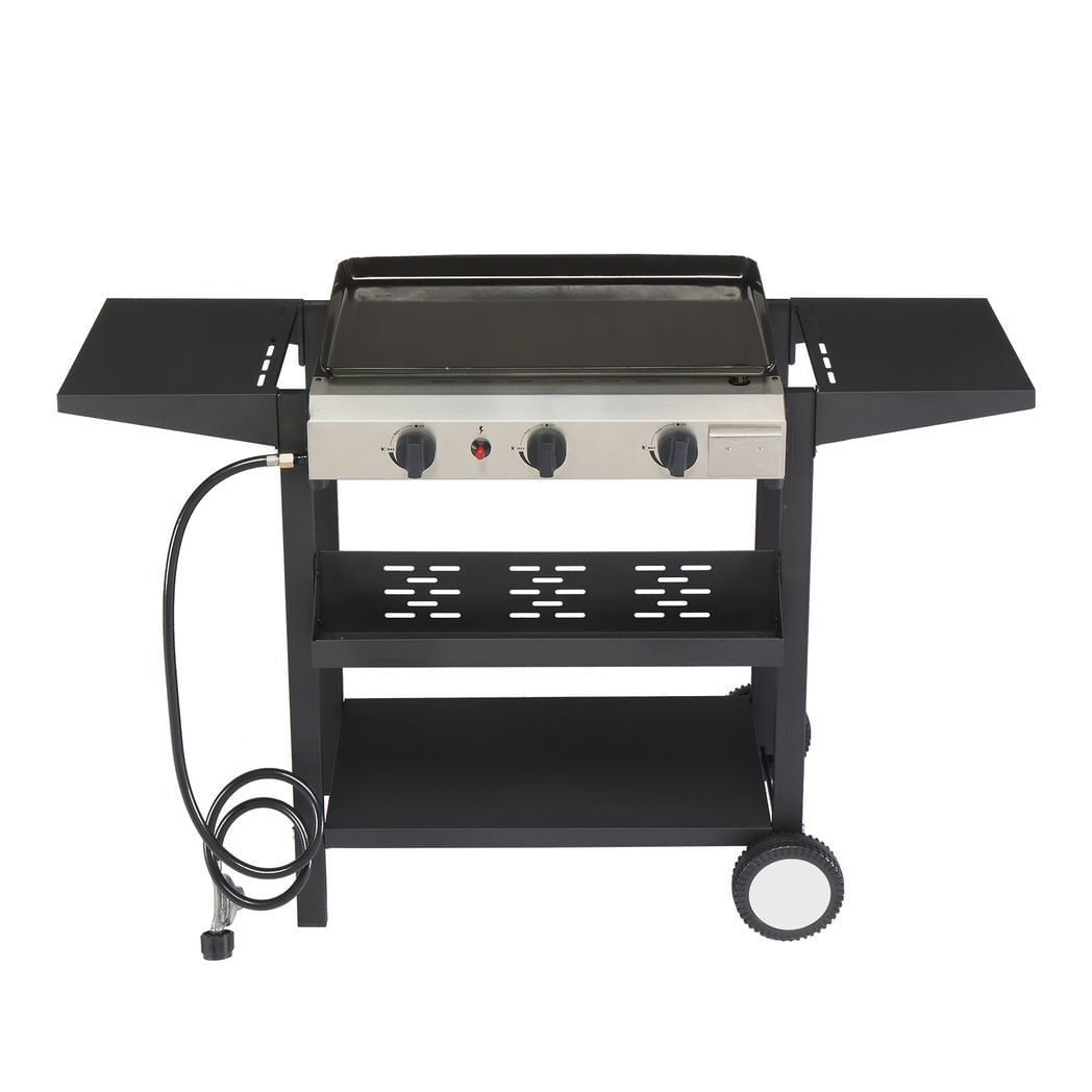 3-burner flat top gas griddle cooking station with ceramic coated cast iron pan, 30,000 btu propane fuelled griddle station with side shelves & spice rack for outdoor barbecue backyard cookout