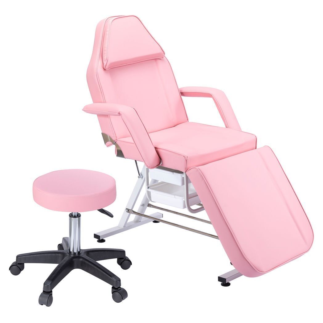 Massage salon tattoo chair with two trays esthetician bed with hydraulic stool, multi-purpose 3-section facial bed table,  adjustable beauty barber spa beauty equipment, pink